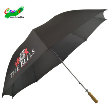 Customized promotional logo prints branded flat wood handle rain sun black umbrellas, waterproof big outdoor sunny umbrella